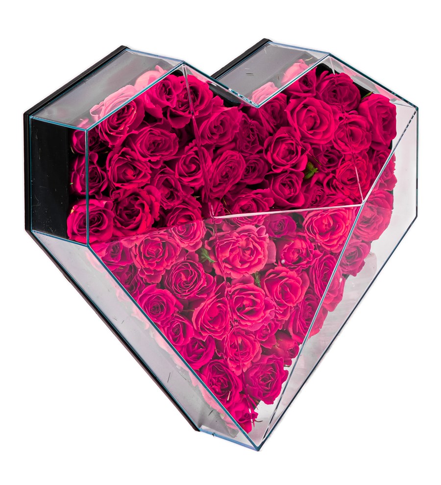 Love Box - Kalp Kutuda Fuşya Mini Gül Tasarım