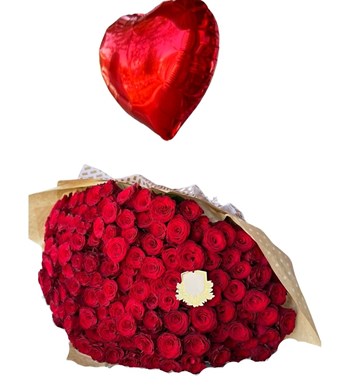Royal 101 Kırmızı Gül Buketi ve Kalpli Balon