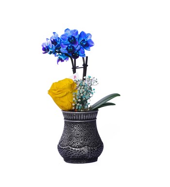 Vase in Ottoman Serisi Mini Mavi Orkide ve Sarı Solmayan Gül Kişiye Özel