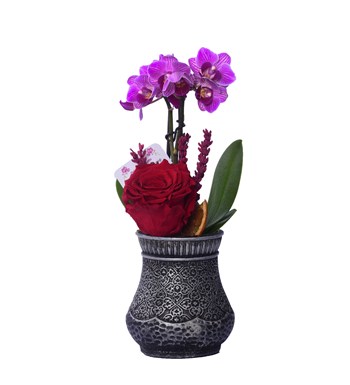 Vase in Ottoman Serisi Mini Mor Orkide ve Kırmızı Solmayan Gül 