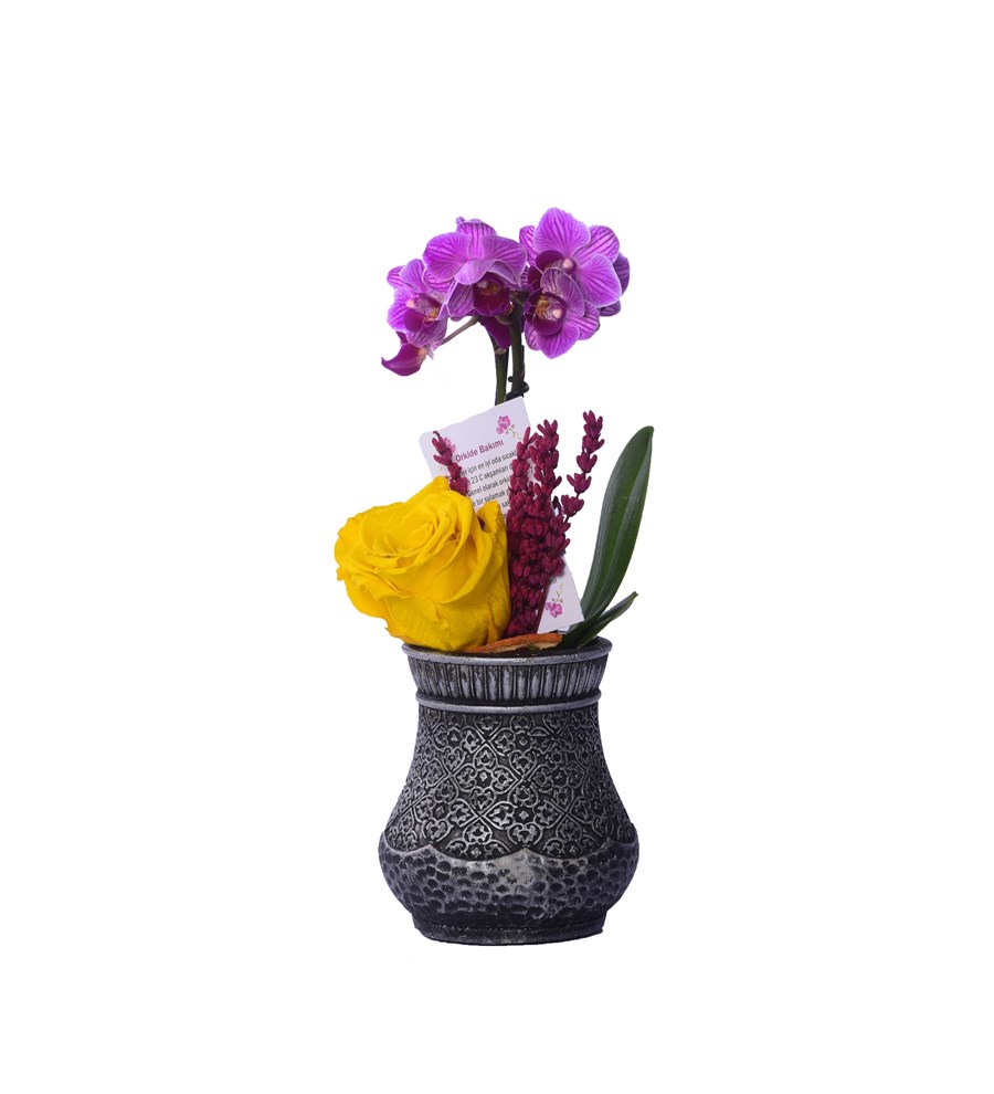 Vase in Ottoman Serisi Mini Mor Orkide ve Sarı Solmayan Gül 