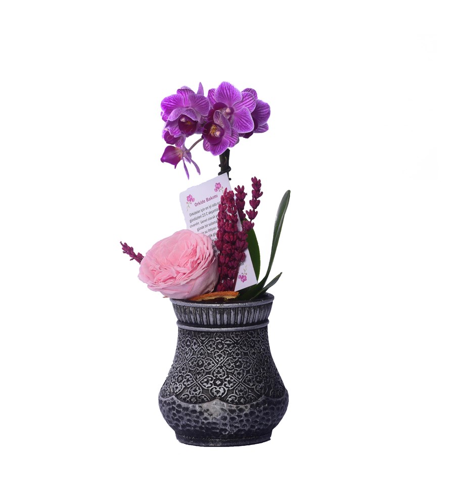 Vase in Ottoman Serisi Mini Mor Orkide ve Katmerli Pembe Solmayan Gül 