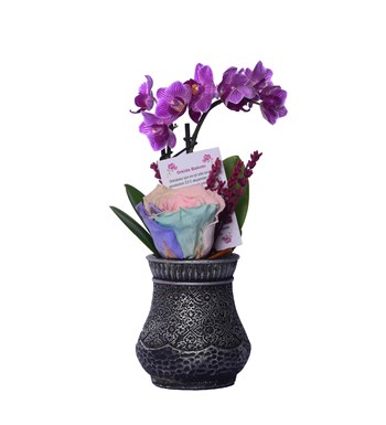 Vase in Ottoman Serisi Mini Mor Orkide ve Soft Rainbow Solmayan Gül 