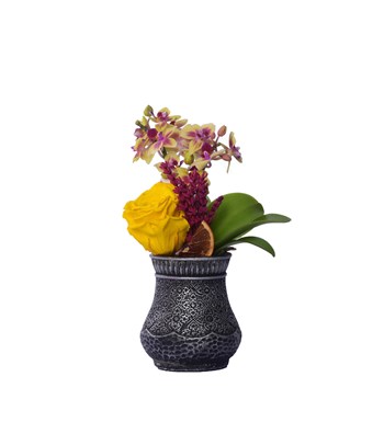 Vase in Ottoman Serisi Mini Sarı Orkide ve Sarı Solmayan Gül Kişiye Özel