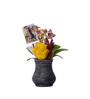 Vase in Ottoman Serisi Mini Sarı Orkide ve Sarı Solmayan Gül Kişiye Özel