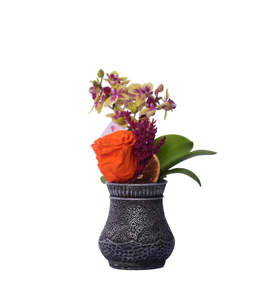 Vase in Ottoman Serisi Mini Sarı Orkide ve Turuncu Solmayan Gül Kişiye Özel