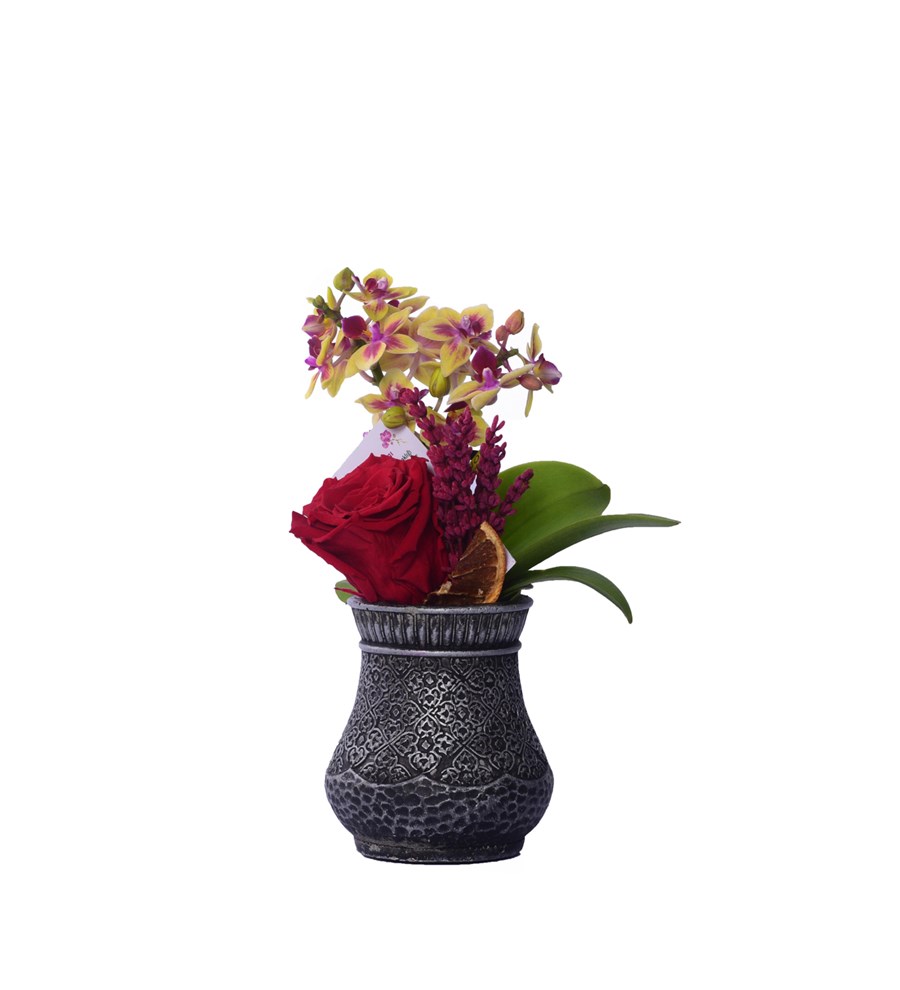 Vase in Ottoman Serisi Mini Sarı Orkide ve Kırmızı Solmayan Gül Kişiye Özel