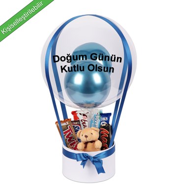 Balonlu Peluşlu Çikolata Kutusu Mavi