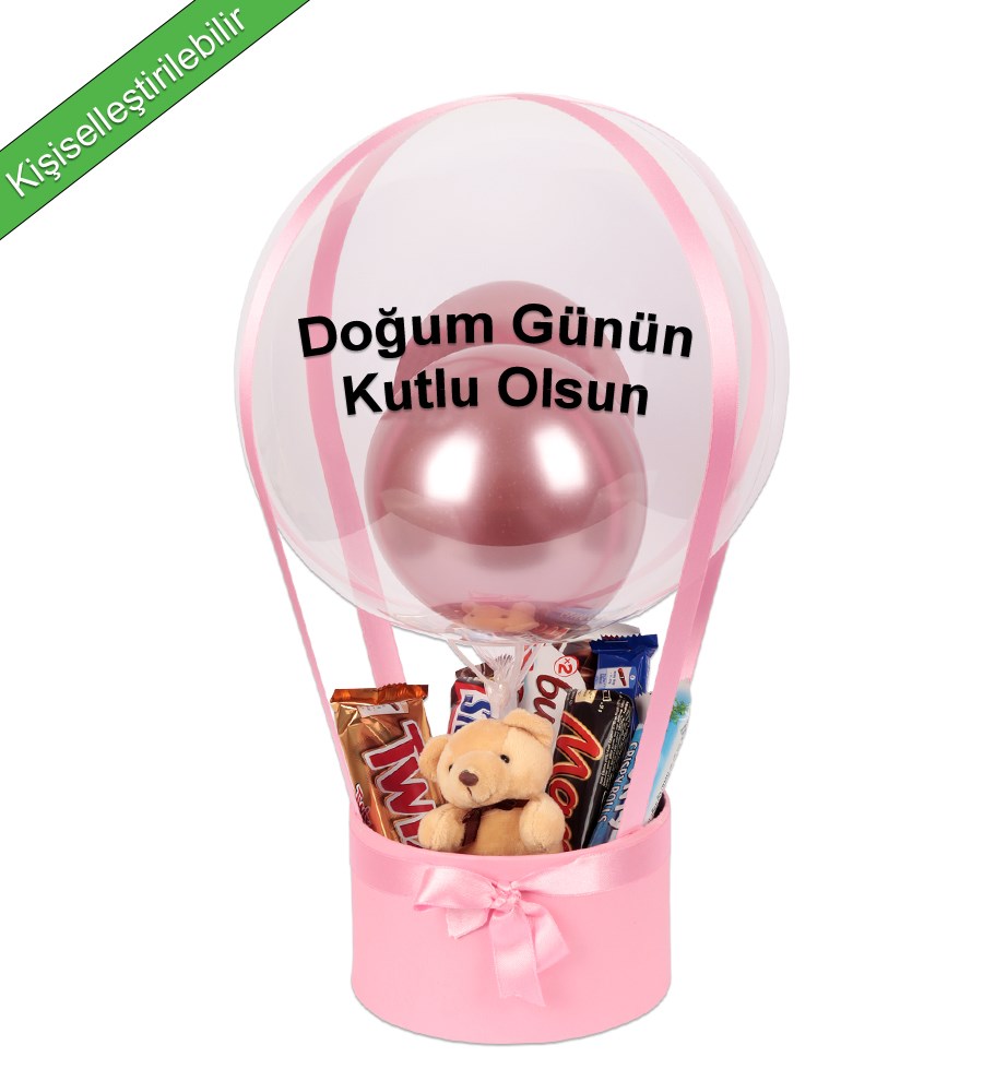 Balonlu Peluşlu Çikolata Kutusu Pembe