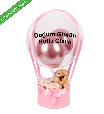 Balonlu Raffaello Peluşlu Çikolatalı Pembe Kutu