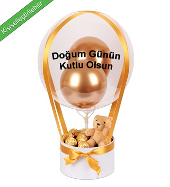 Balonlu Rocher Çikolatalı Peluşlu Beyaz Kutu Gold