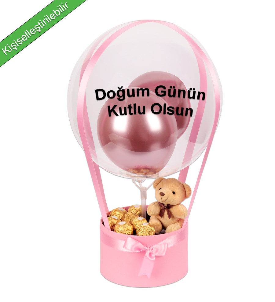 Balonlu Rocher Çikolatalı Peluşlu Pembe Kutu