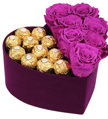 Purple Box Solmayan Mor Gül ve Rocher Çikolata