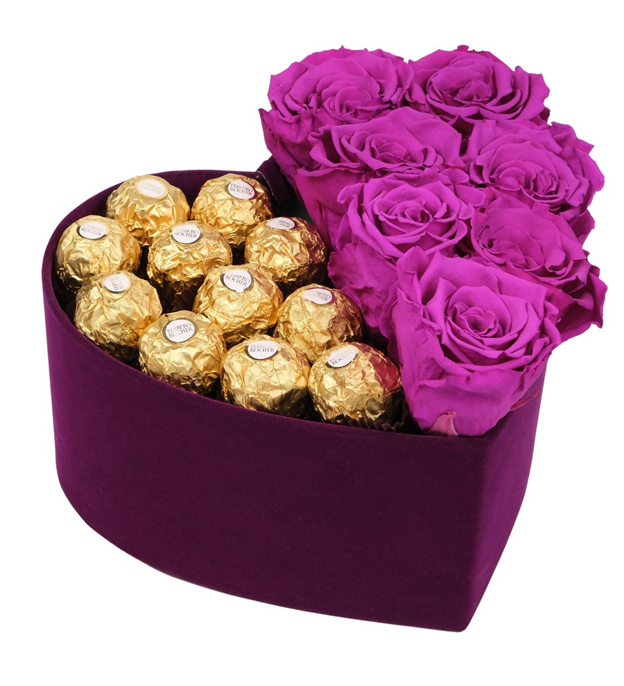 Purple Box Solmayan Mor Gül ve Rocher Çikolata