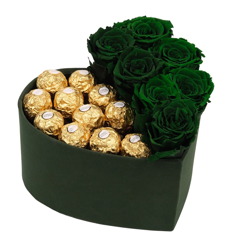 Green Box Solmayan Yeşil Gül ve Rocher Çikolata