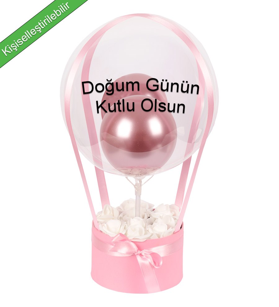 Balonlu Yuvarlak Pembe Kutuda Yapay Beyaz Gül