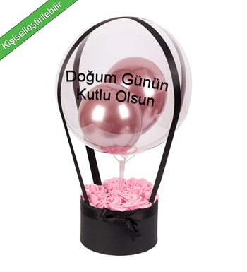 Balonlu Yuvarlak Siyah Kutuda Yapay Pembe Gül