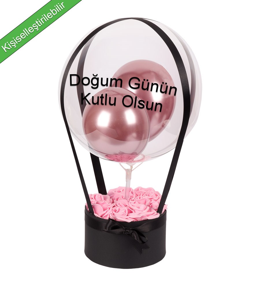 Balonlu Yuvarlak Siyah Kutuda Yapay Pembe Gül