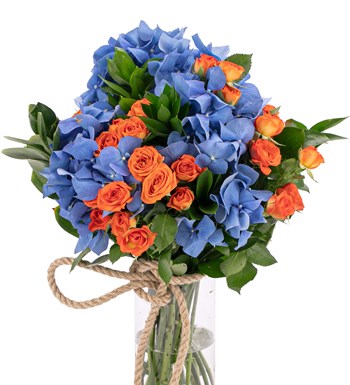 You are My Flower - Mavi Ortanca ve Turuncu Mini Gül Tasarım